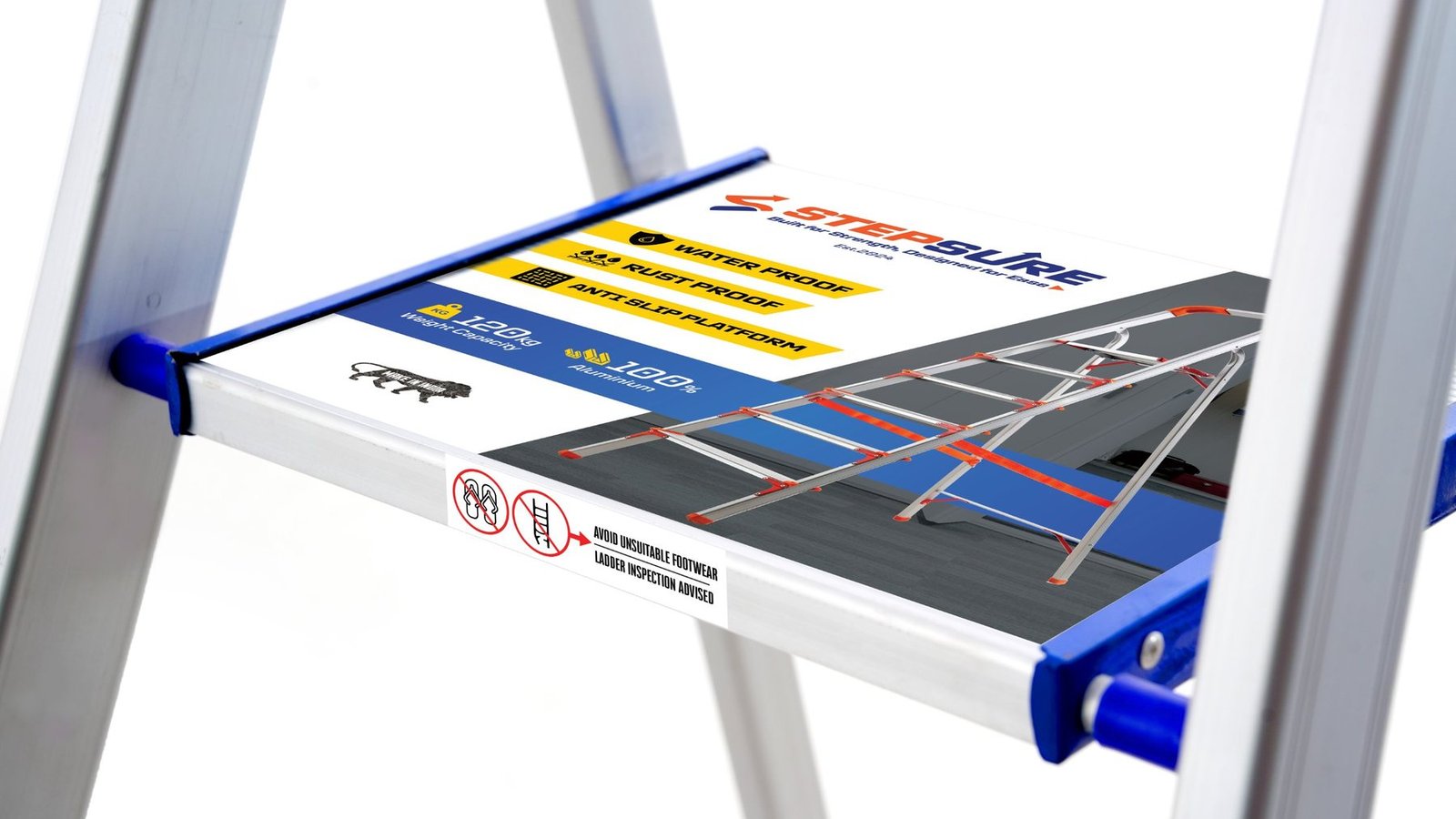 Stepsure platform label on an aluminium step ladder, designed by Editsta Creations