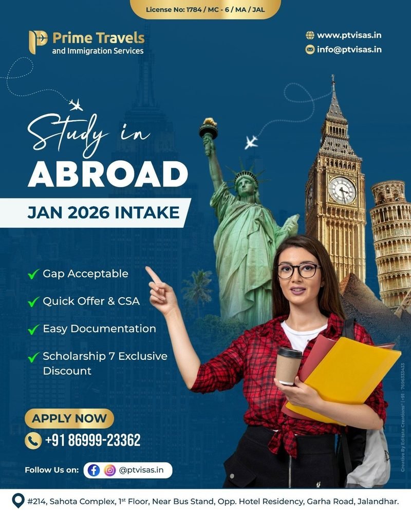 Study abroad campaign post for Prime Travels and Immigration Services