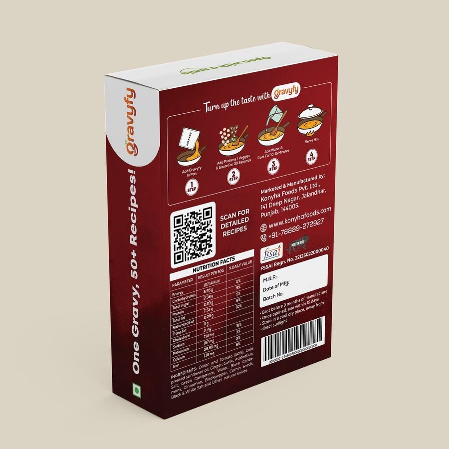 Gravy box, back panel with recipes for Gravyfy