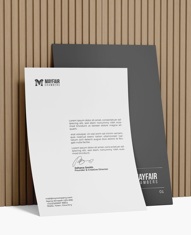 Letterhead and folder for Mayfair Chambers