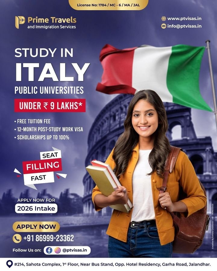 Study abroad campaign post for Prime Travels and Immigration Services
