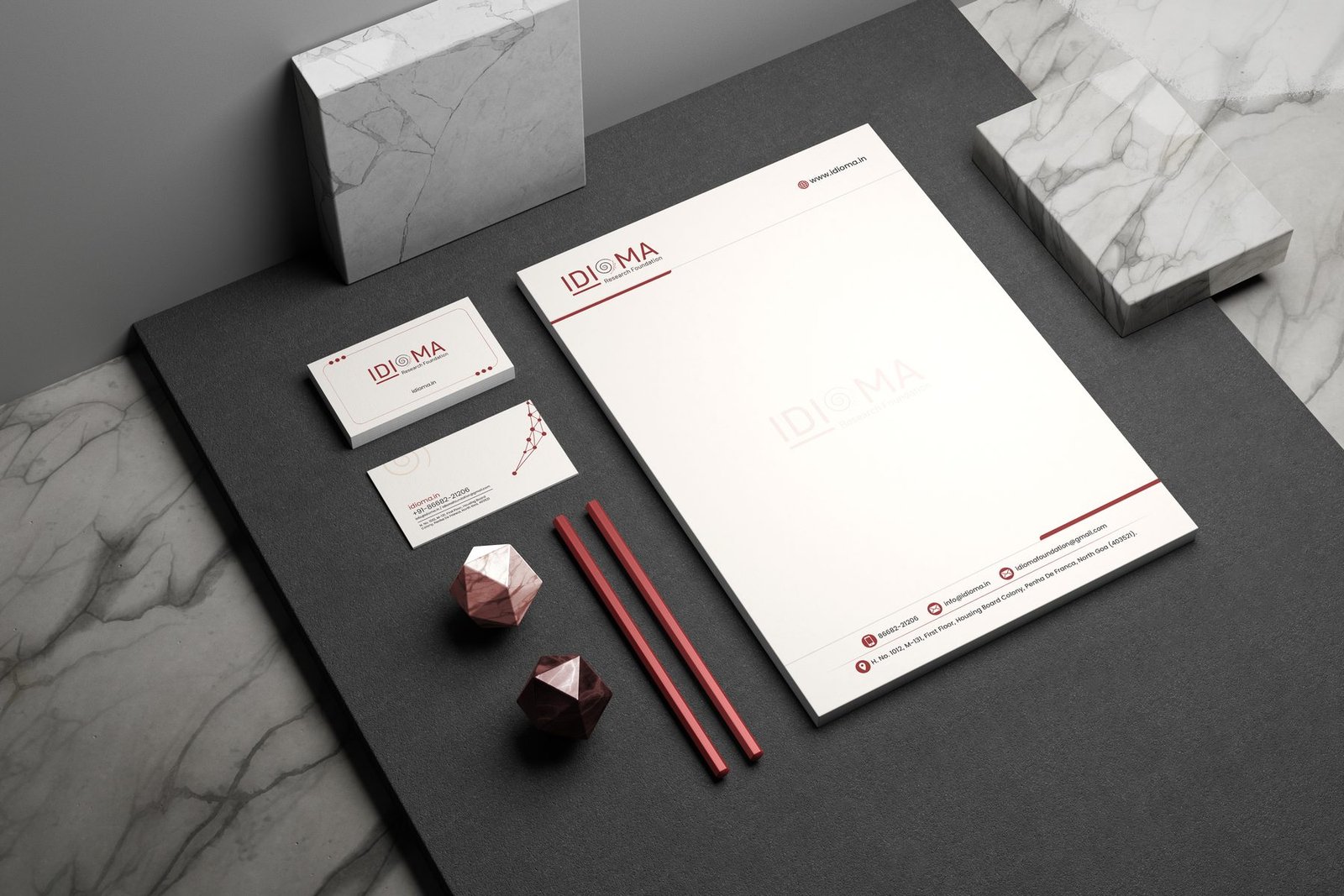 IDIOMA Research Foundation stationery set: letterhead, business cards and envelope