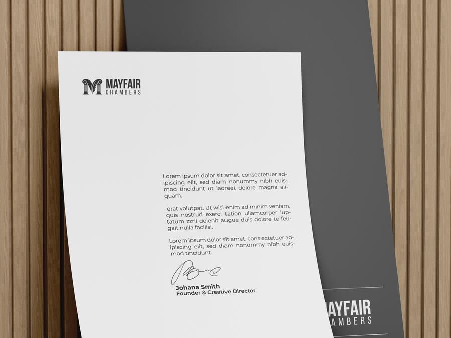 Letterhead and folder for Mayfair Chambers